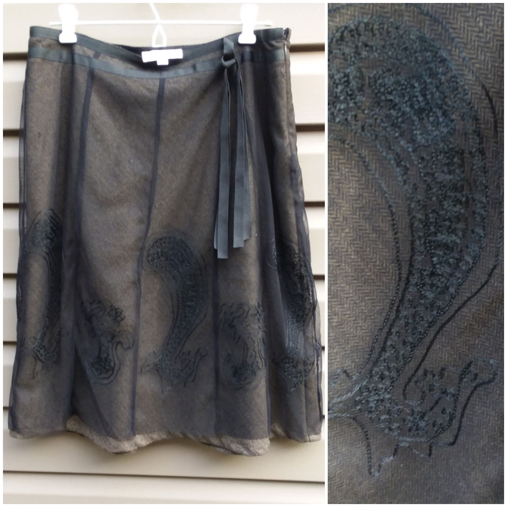 OXMO Skirt Sz 38 Black Embroidered Brw Herringbone